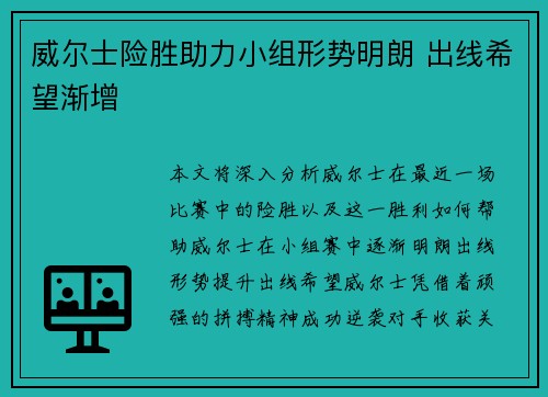 威尔士险胜助力小组形势明朗 出线希望渐增