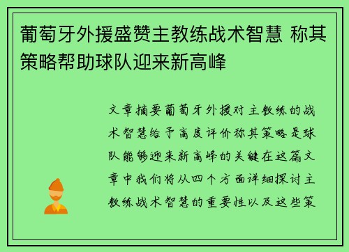 葡萄牙外援盛赞主教练战术智慧 称其策略帮助球队迎来新高峰