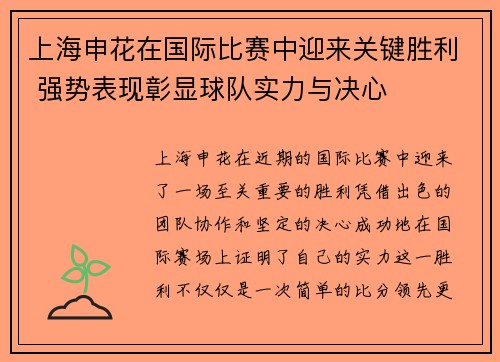 上海申花在国际比赛中迎来关键胜利 强势表现彰显球队实力与决心