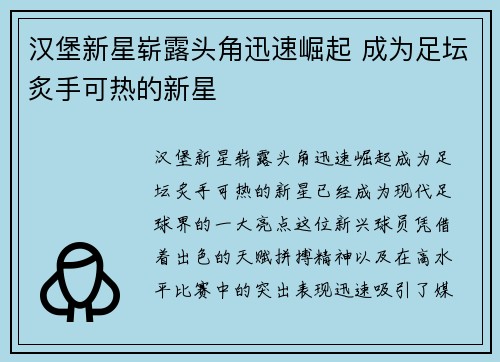 汉堡新星崭露头角迅速崛起 成为足坛炙手可热的新星